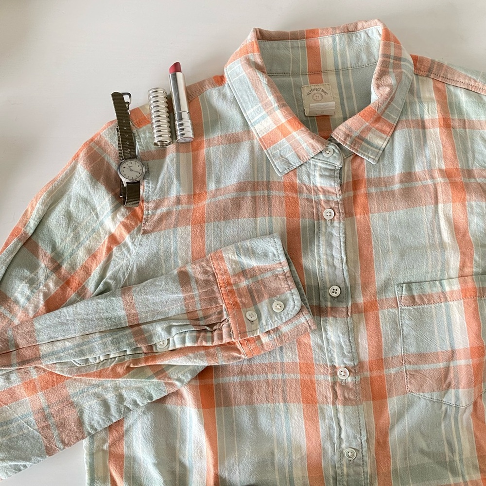 J. Crew- Cotton Perfect Shirt in Teal Plaid